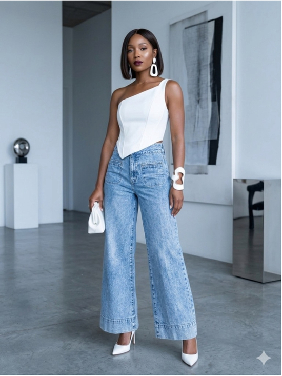 HABITUAL Denim - Habitual Wide Leg Denim Jeans High Rise Trouser Cargo Pockets Medium Wash 6/28